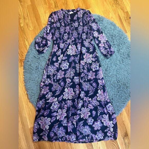 LOFT Floral Smocked Tiered Maxi Dress Cottagecore Shabby Chic Size 12 - Picture 2 of 6